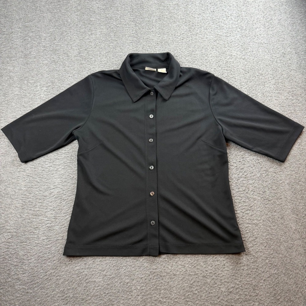 Merona Button Down Shirt Women's Size M Black Short Sleeve Polyester Knit Top